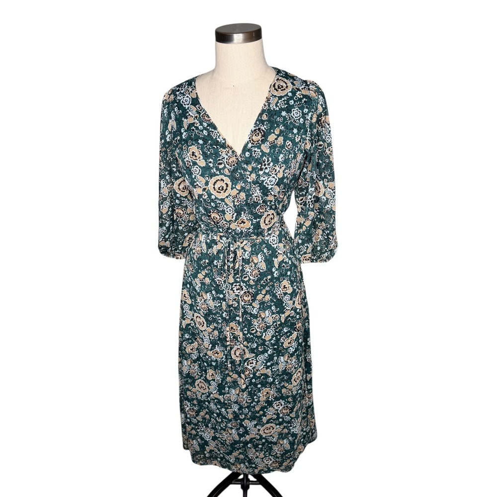 ANN TAYLOR Green Metallic Wrap Dress Floral Print Women's Size 2 Spring